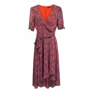 Tommy Hilfiger Orange and Pink Plaid Wrap Midi Dress